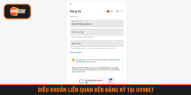 Điều khoản liên quan đến đăng ký tại 009BET